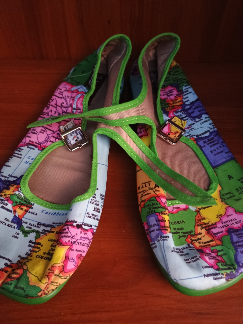 Map-Print Mary Jane Flats with Bright Green Trim